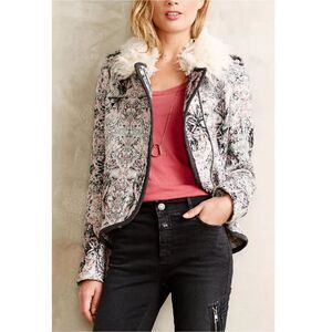 Anthropologie Elevenses Women's size 4 Pink Paisley Moto Jacket Fur Collar